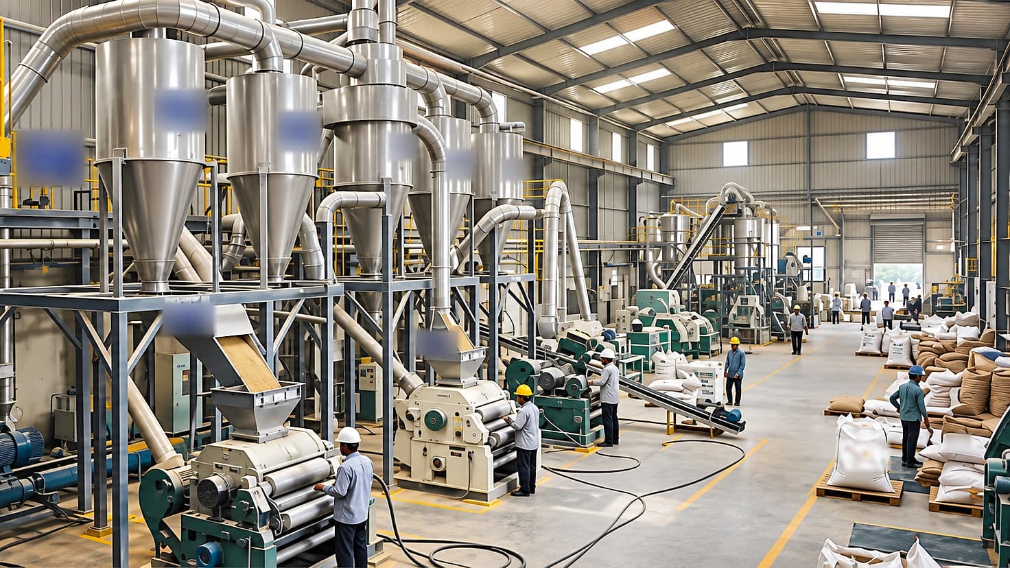 Cyclone separators, mills and bagged output along a processing floor