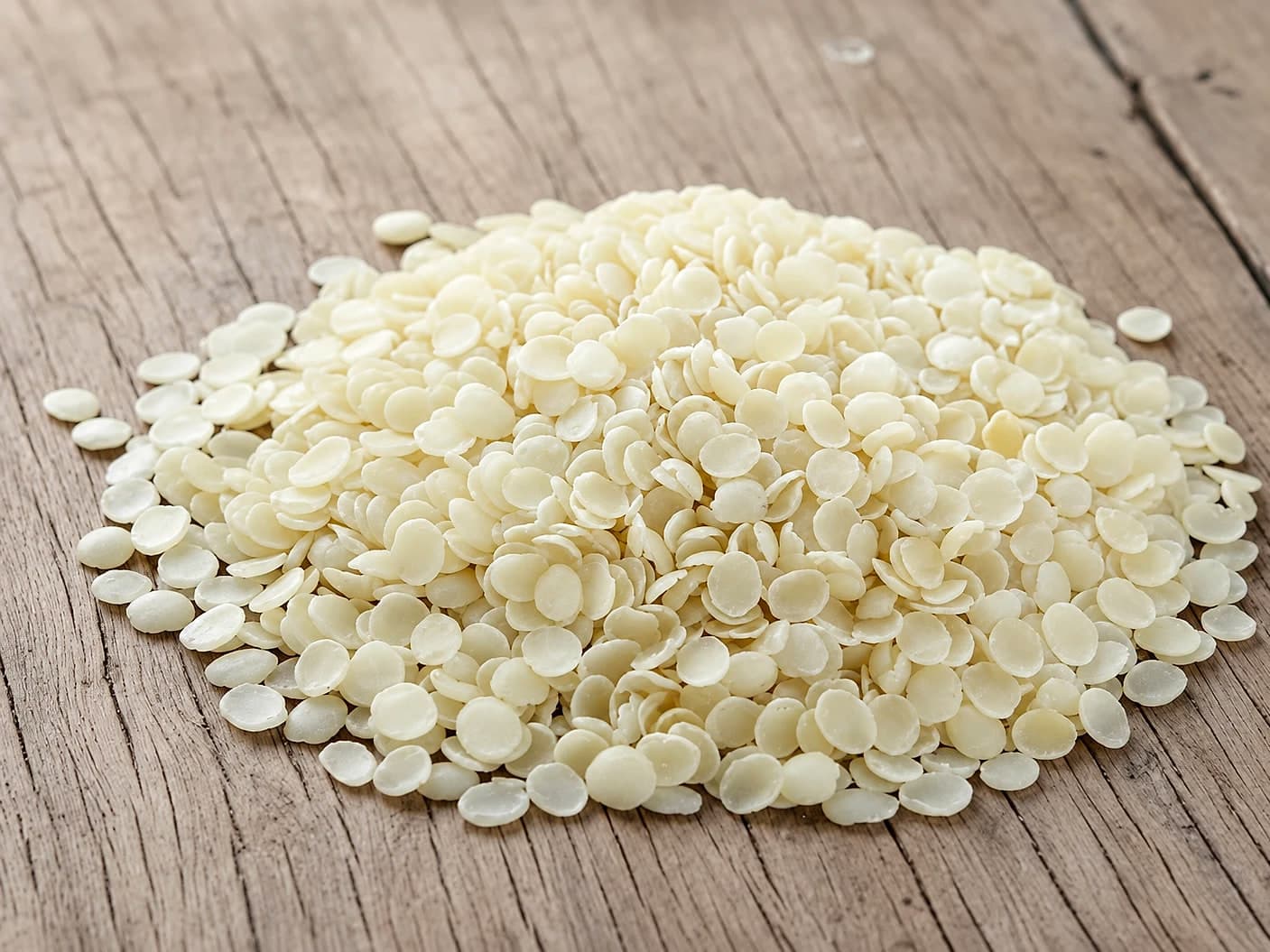 Guar gum splits heaped on a wooden surface